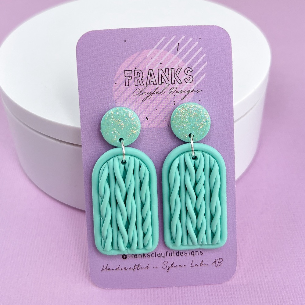 Chunky Knit Style Green Handmade Polymer Clay Dangle Earrings